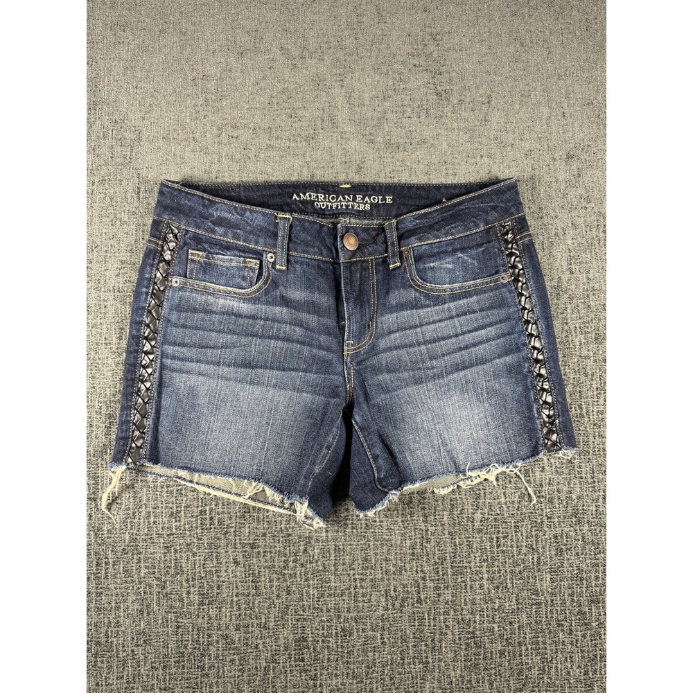American Eagle Womens Stretch Denim Shorts Dark Wash‎ Braided Side Trim Size 4